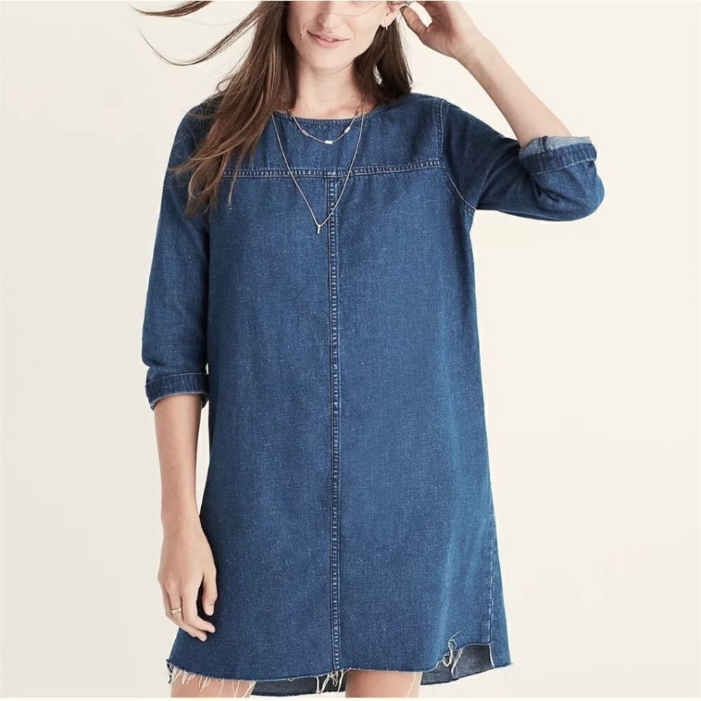 EUC Women's Madewell Frayed Step Hem Denim Chambray Shift Dress Size XXS